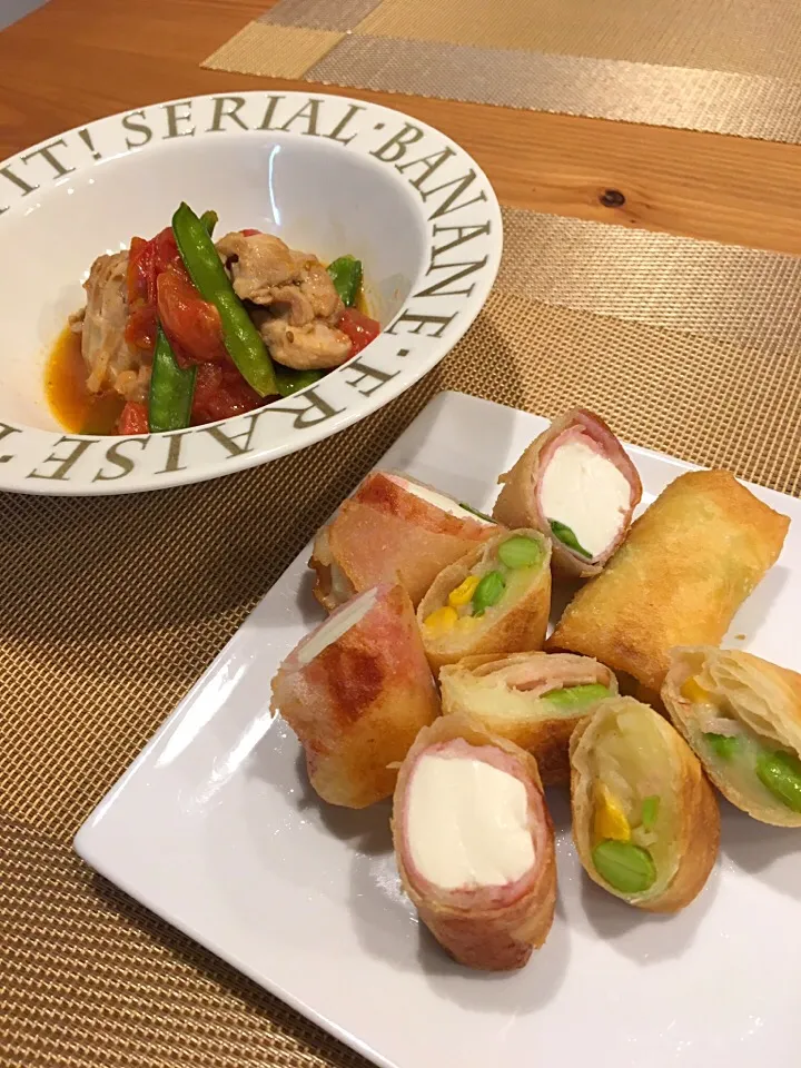 2016.5.4 晩御飯 豆腐と生ハムの春巻&ポテトサラダ春巻 そして鶏肉のトマト煮込み|あっきーよさん