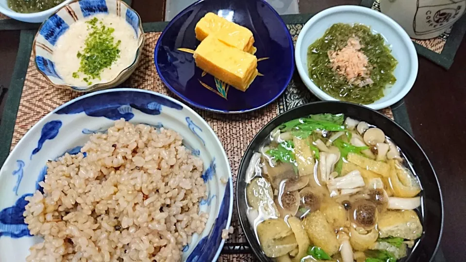 玉子焼き&長芋&めかぶ&水菜の味噌汁|まぐろさん