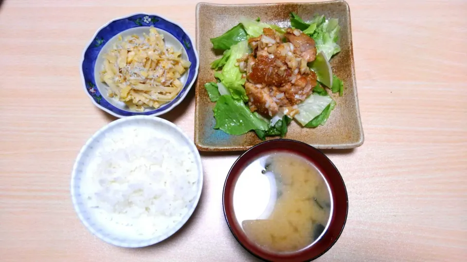 5月４日　鶏肉のねぎごま焼き　たけのことじゃこの酢味噌あえ　お味噌汁|いもこ。さん