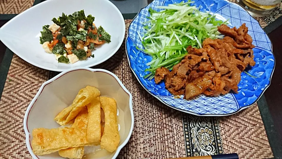 Snapdishの料理写真:豚肉の味噌焼き&納豆豆腐&油揚げおろし|まぐろさん