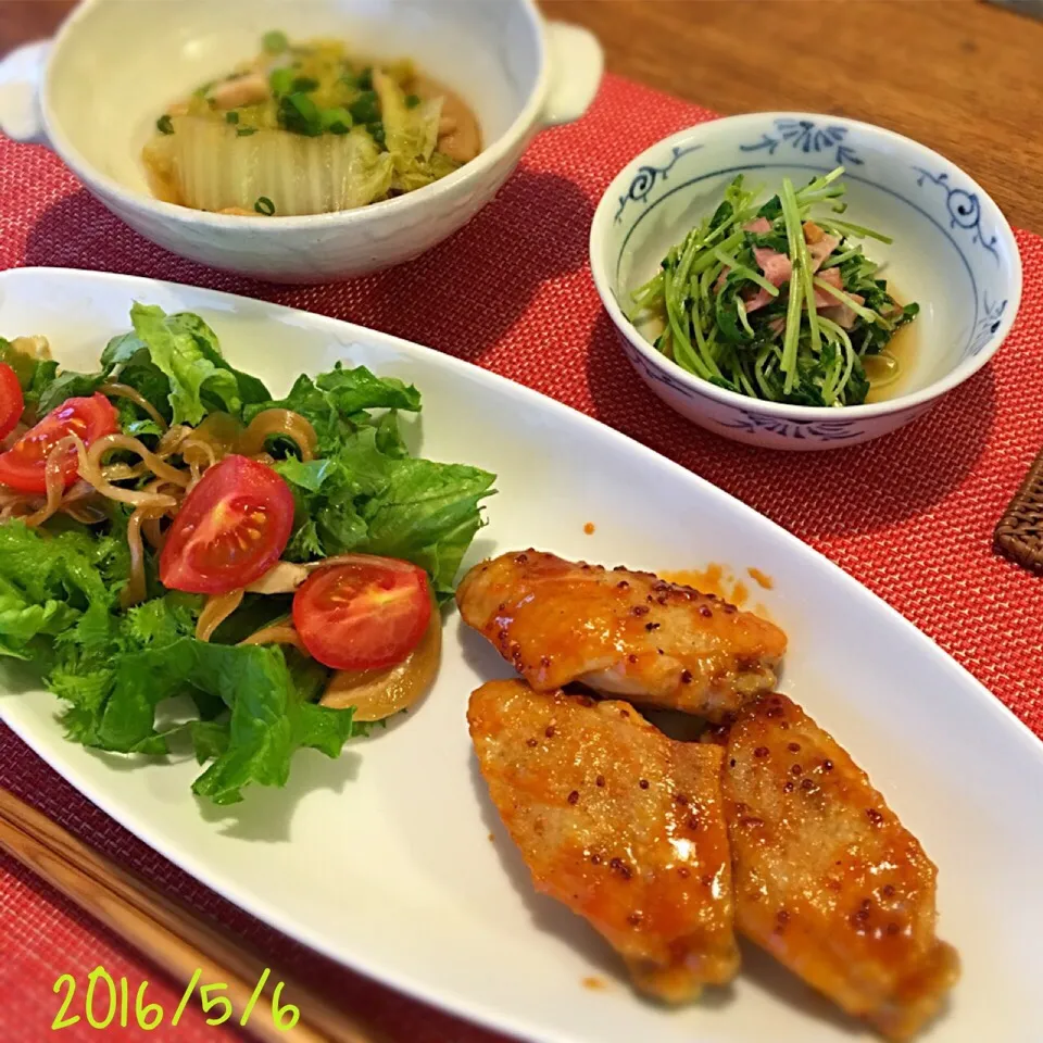 手羽中のはちみつケチャップ
白菜と油あげのさっぱり煮
豆苗とベーコンのおひたし|𓇼 Ⓢ Ⓗ Ⓘ Ⓝ Ⓞ Ⓑ Ⓤ 𓇼さん