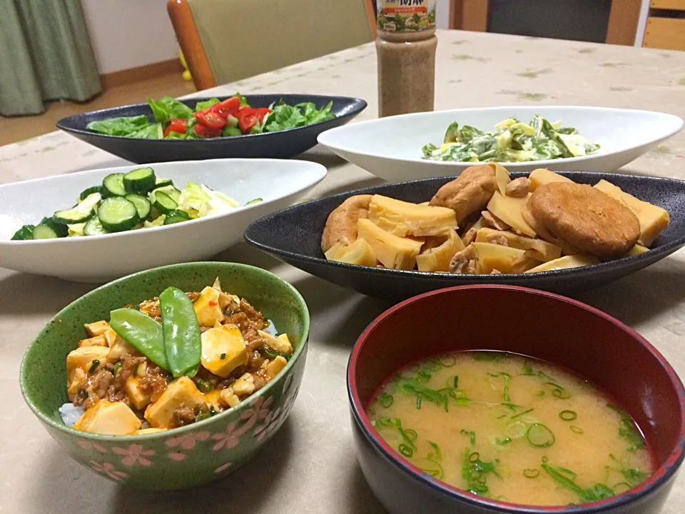 5月6日は、麻婆豆腐丼、えのきの味噌汁、筍煮、スナップエンドウの卵サラダ、野菜サラダ❤️|makoさん