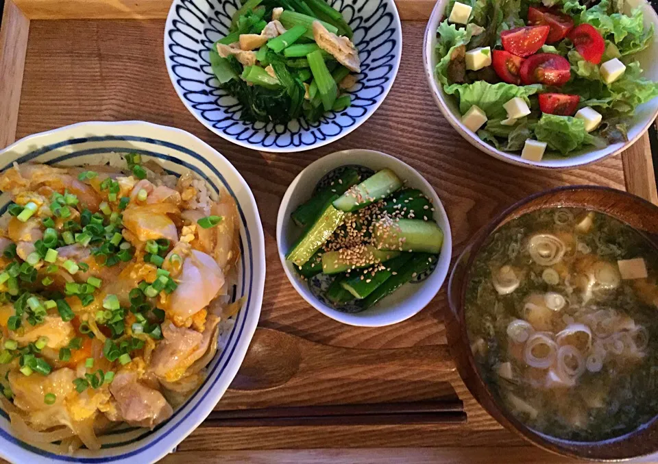 親子丼

小松菜と揚げの煮浸し

きゅうりの中華風浅漬け

サラダ

豆腐とアオサのお味噌汁|ayumiさん