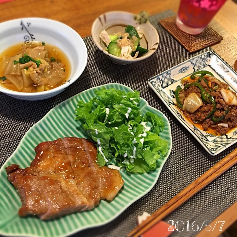 焼き豚／とんかつ用肉 豚ひき肉とピーマンのキムチ炒め ささみときゅうりの辛子和え 白菜と油揚げのさっぱり煮|𓇼 Ⓢ Ⓗ Ⓘ Ⓝ Ⓞ Ⓑ Ⓤ 𓇼さん