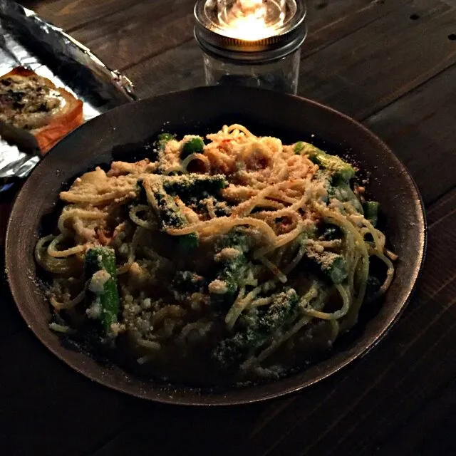 カニとアスパラのパスタ(晩御飯のじゃがいもと玉ねぎのスープのリメイク)|Yoshieさん