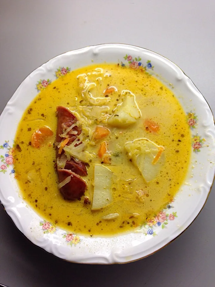 Snapdishの料理写真:Sauerkraut Soup with sausage and potatoes.|CookingWithLoveさん