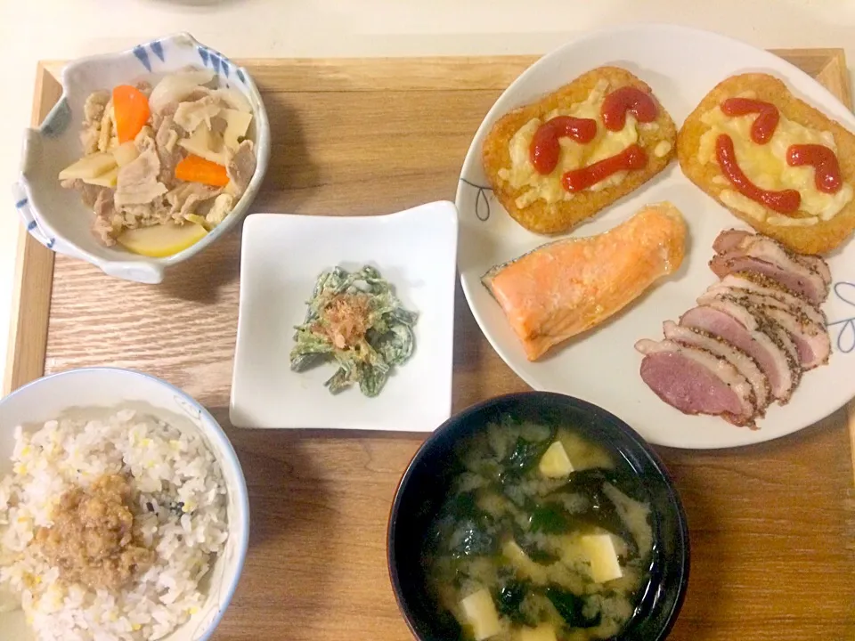 たけのこ煮、鮭西京焼き、ワラビごまあえ（子供）ハッシュ、鴨|ちゃこさん