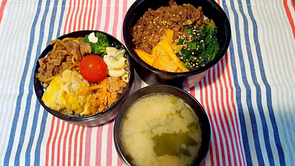 お弁当。ビビンバと焼きそばと出し巻きとマカロニサラダとにんじんツナのきんぴらとお味噌汁。ビビンパなの？ビビンバなの？|エリカさん