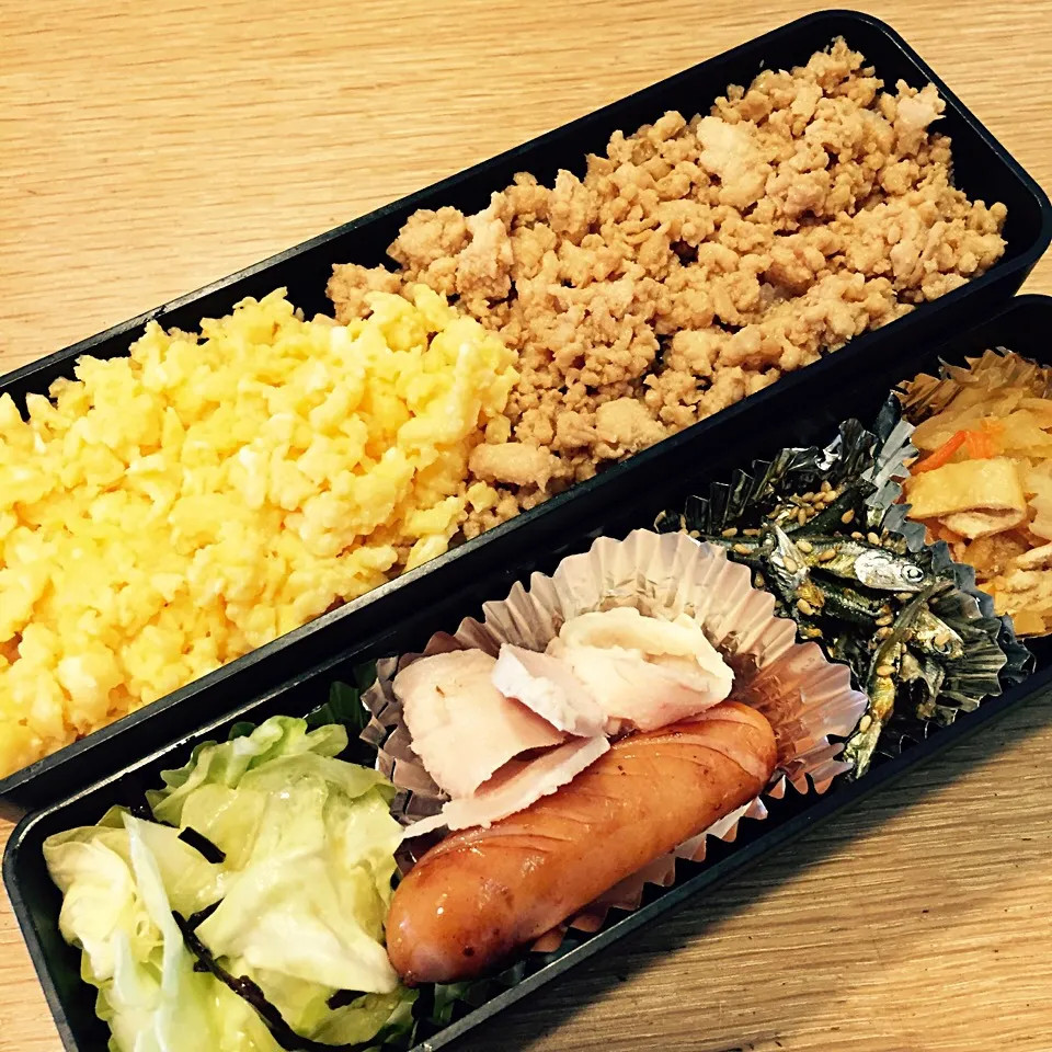 お弁当5/10  二色丼、とりハム、切り干し大根、ウィンナー、キャベツの塩昆布和え|きささん