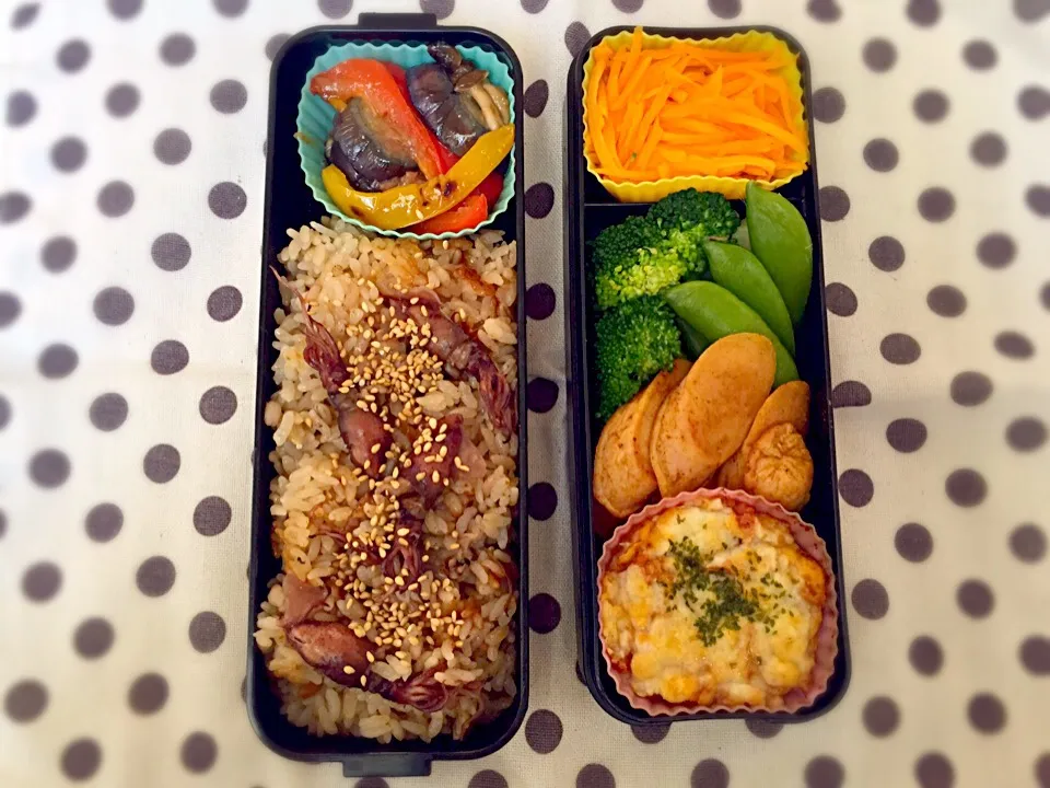 Snapdishの料理写真:ホタルイカの炊き込みご飯弁当。|ももみにゃん。さん