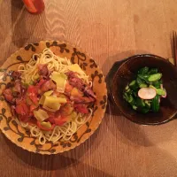 Snapdishの料理写真:蛍烏賊と空豆のパスタ
キュウリのタタキ|tkさん