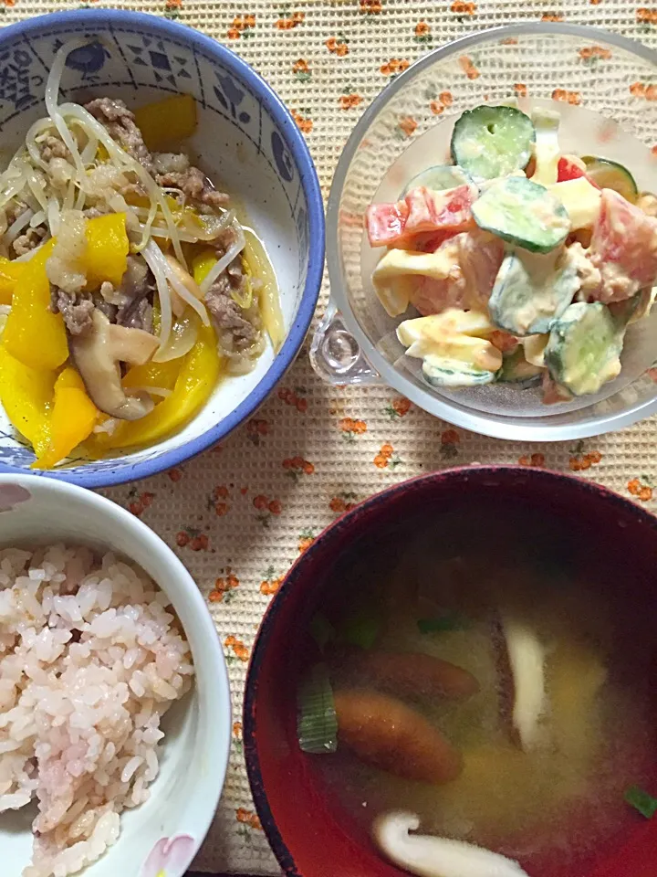 チャプチェ風野菜炒め サラダ 味噌汁|掛谷節子さん