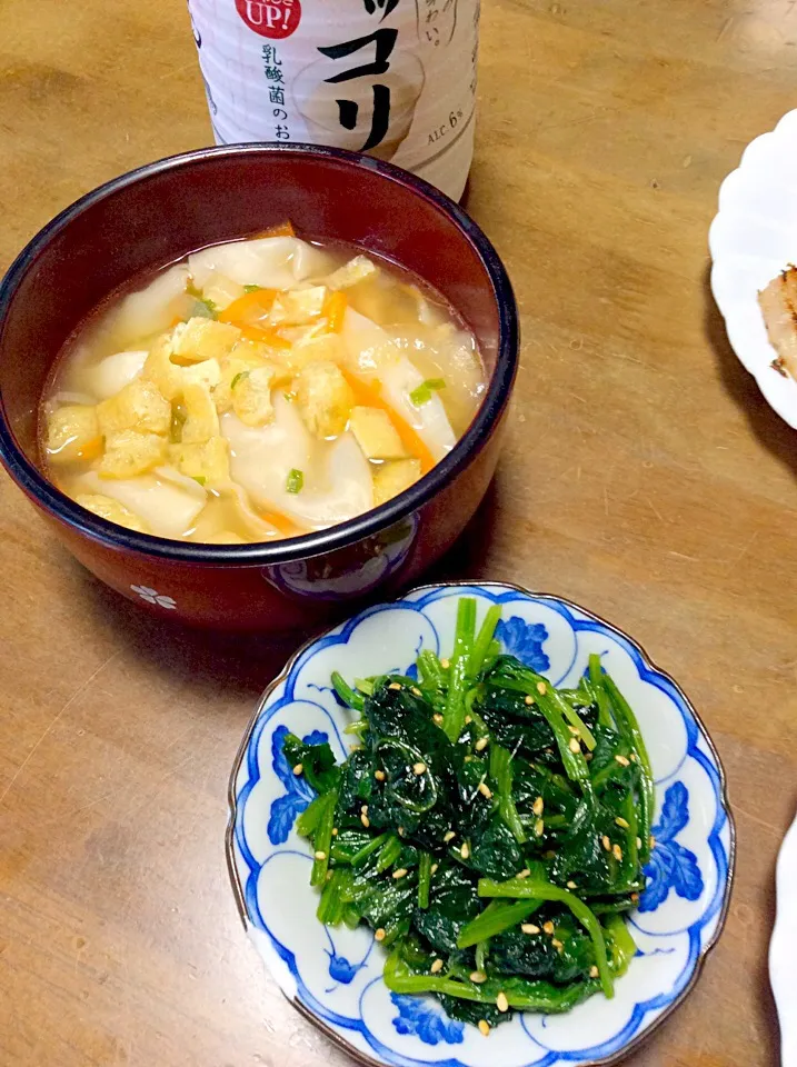 ほうれん草のおひたし⭐️ゴマ油プラス、餃子スープ💖|Norio Fukudaさん