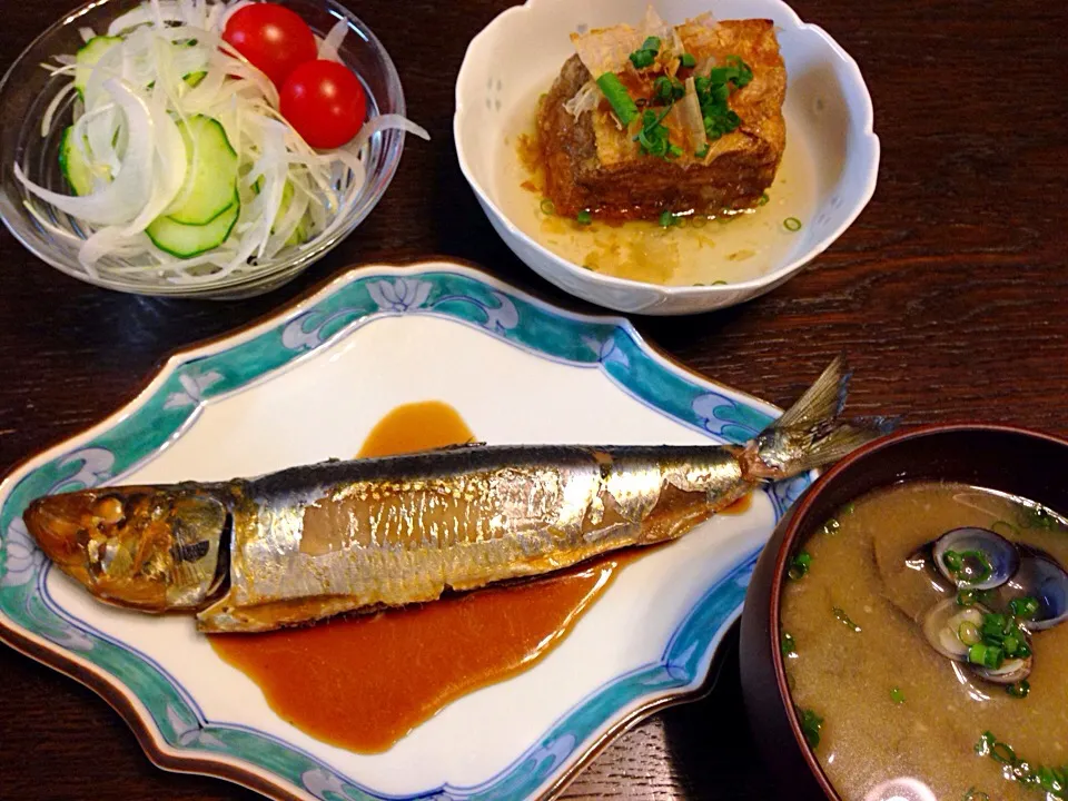 鰯の煮付け
揚げ出し豆腐
しじみの味噌汁
玉ねぎサラダ|カドラさん