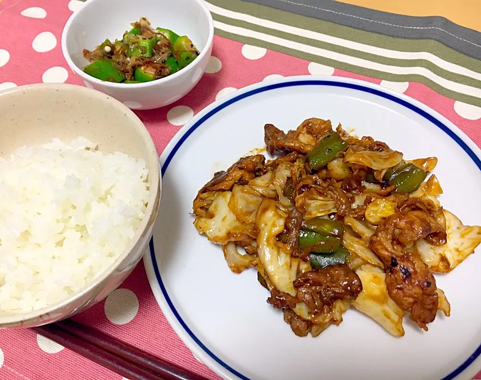 回鍋肉、オクラのおかか和え|りーぬさん