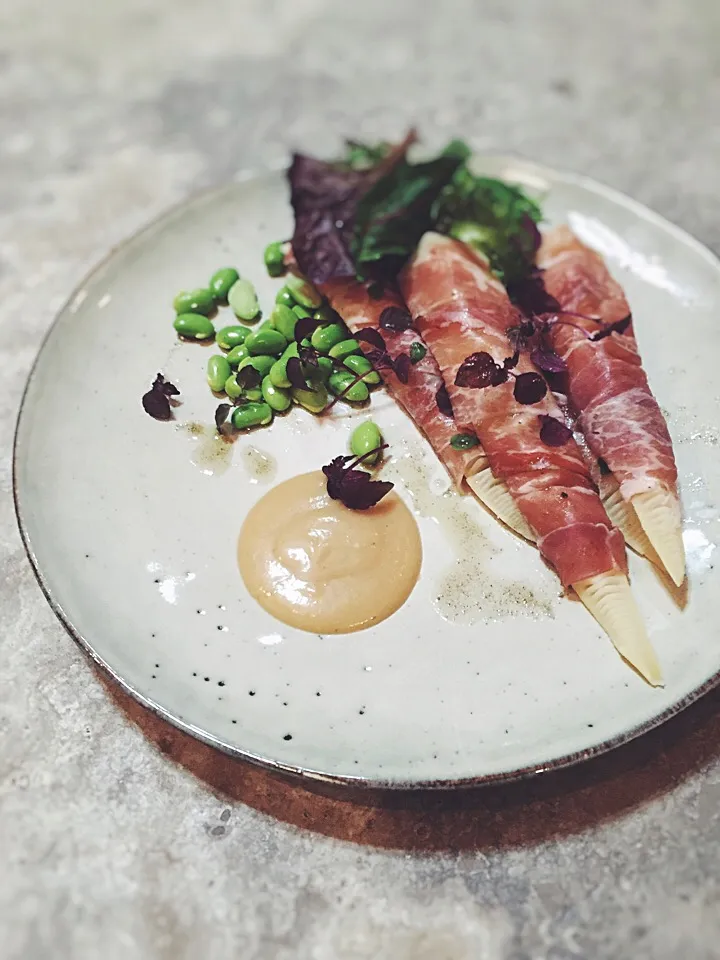 Parma ham and bamboo shoot roll,miso dressing,sasho oil|rick chanさん