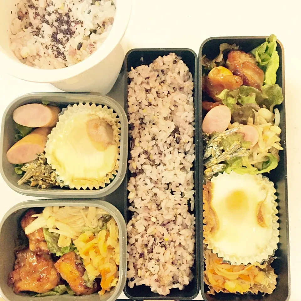 お弁当5/13 鶏の照り焼き、目玉焼き、えのきのバターソテー、ウィンナー|きささん