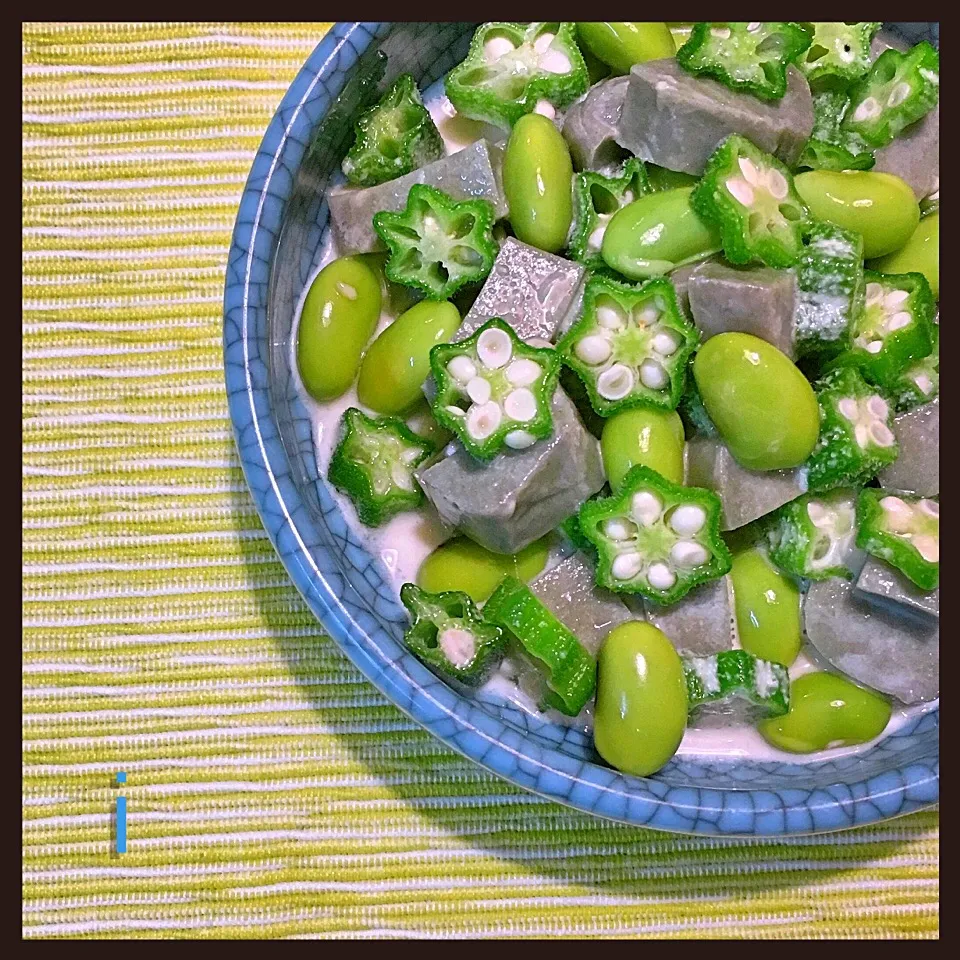 よもぎ生麩・オクラ・枝豆のわさびマヨ和え  【Tansy wheat starch, okra and edamame tossed w/ wasabi mayonnaise 】|izoomさん