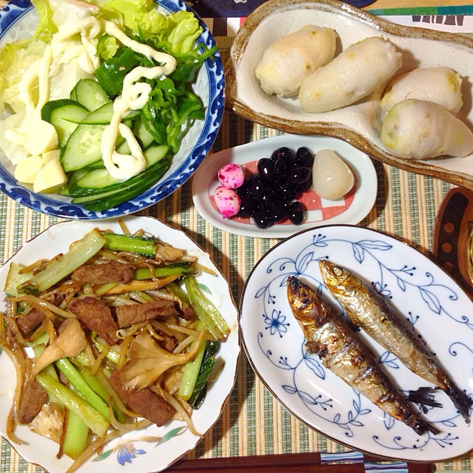 牛の炒め物、イワシ一夜干し、里芋|shozuuさん