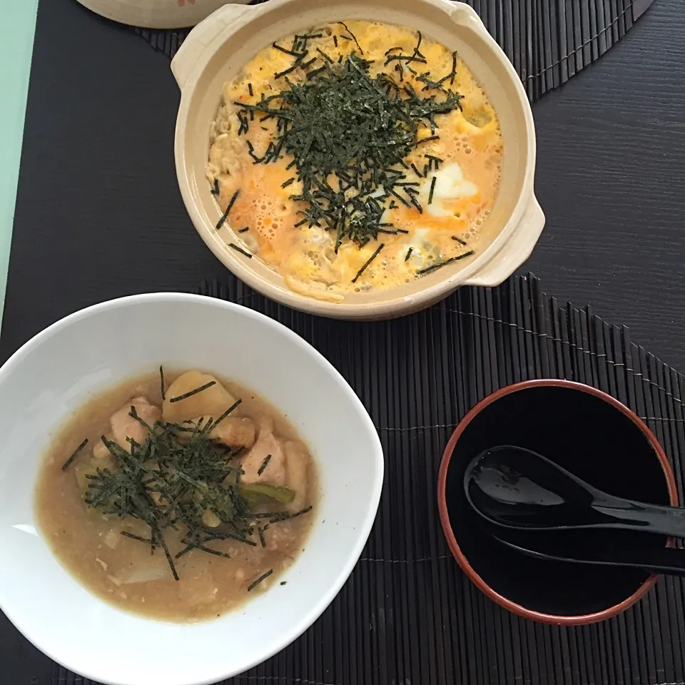 卵雑炊とチキンと里芋煮込みでランチ|satomicanさん