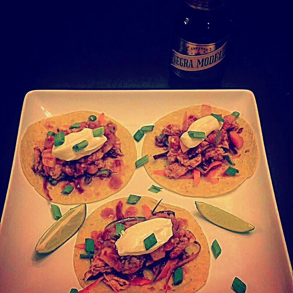 Snapdishの料理写真:Korean Short Rib Tacos w/ Carrot & Serrano Slaw, Salsa Roja, & Chili Soy Vinaigrette|Chef Cam Wolfeさん