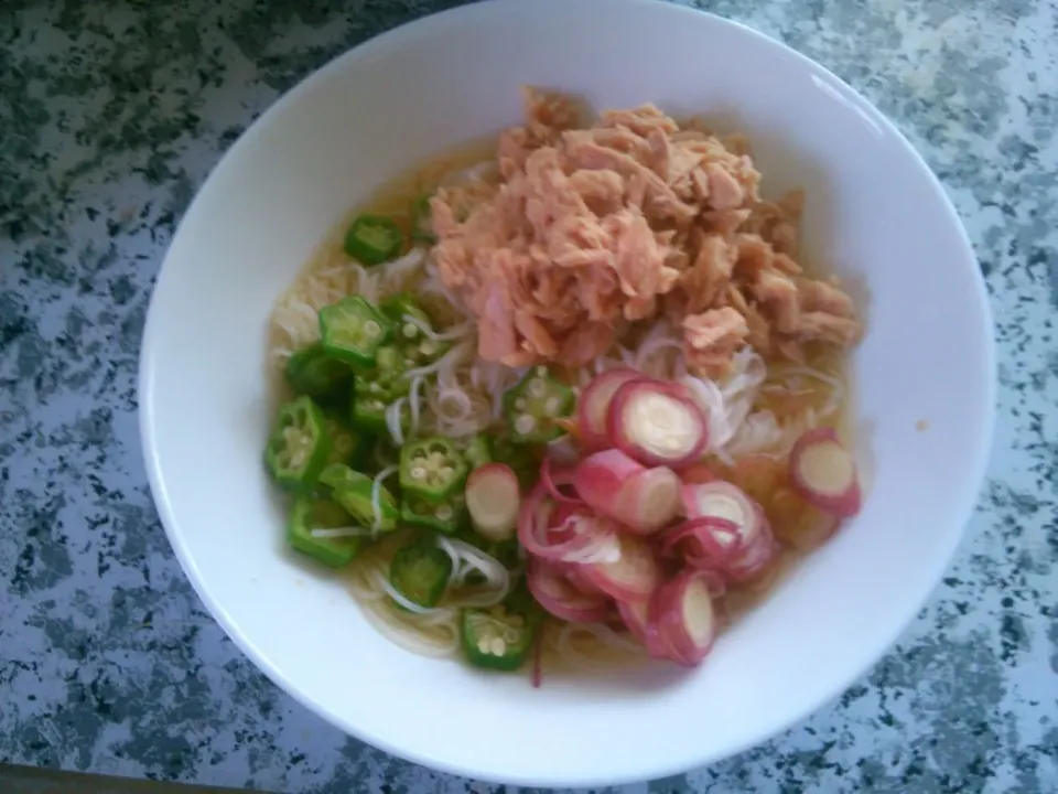 みょうが、ツナ、オクラの素麺。揖保の糸の特級品を使ったので素麺のふわふわ感、みょうがのしゃりしゃり、ツナのうまみ、オクラの粘りが楽しめます。|tahitiaさん