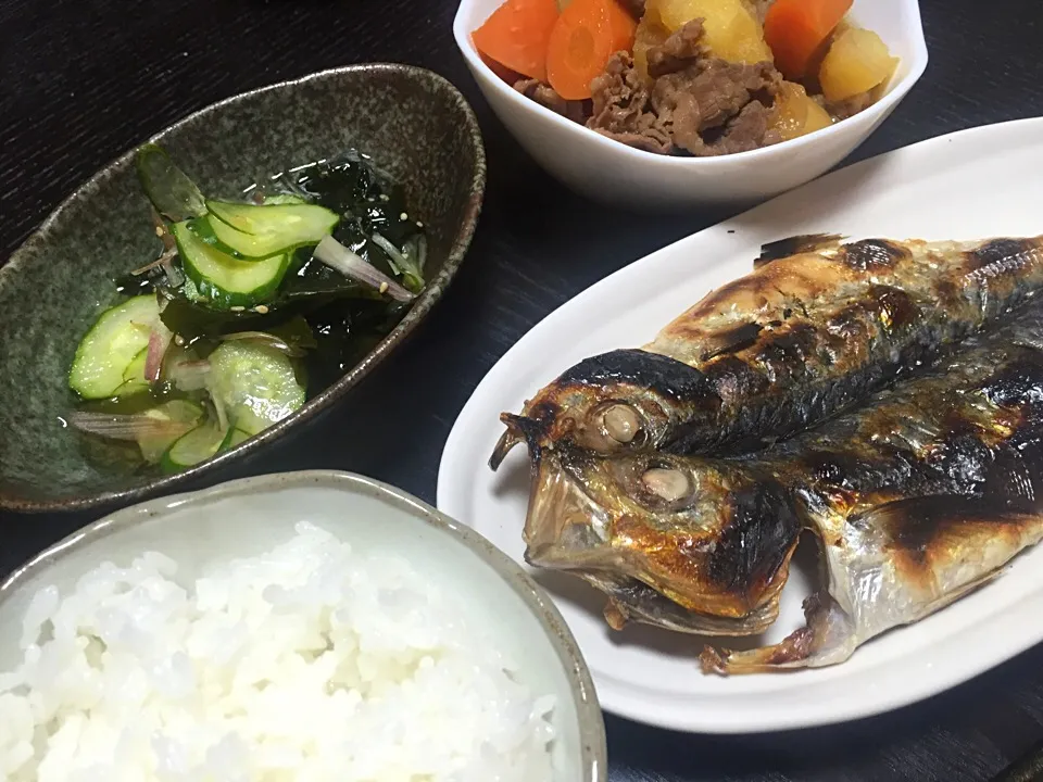 鯵の開き、肉じゃが
ミョウガとワカメ、胡瓜の酢の物|UZUさん