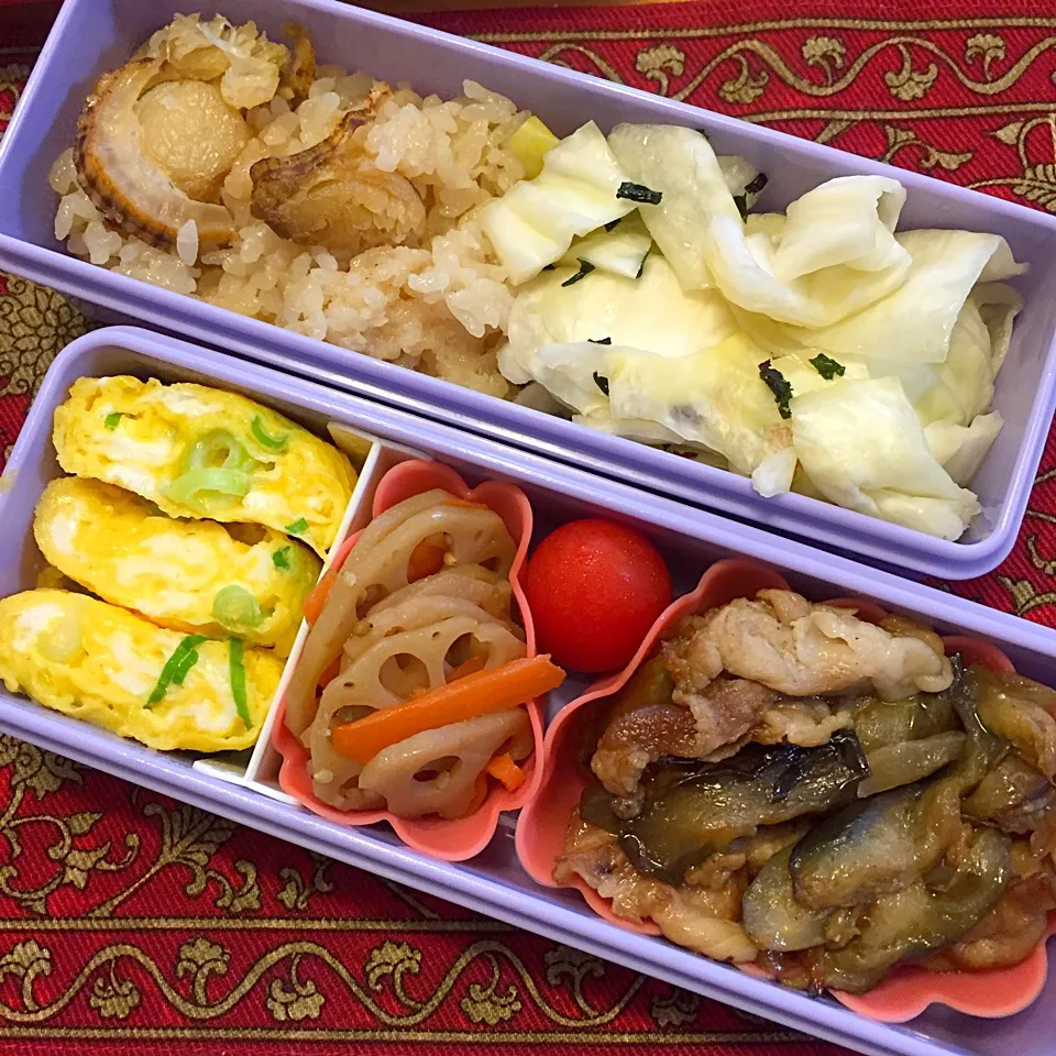 豚肉と茄子の炒め物と帆立ご飯弁当|もえさん