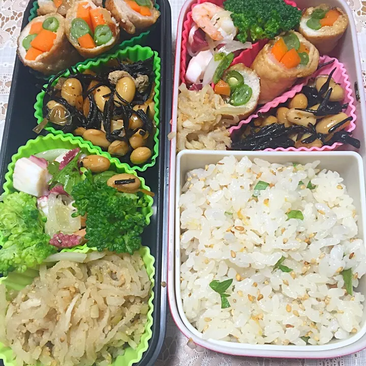 Snapdishの料理写真:豚肉ロール巻き弁当、切り干し大根の梅和え、タコとエビのマリネ、大豆とひじきの煮物、梅しそごはん|Sawaさん