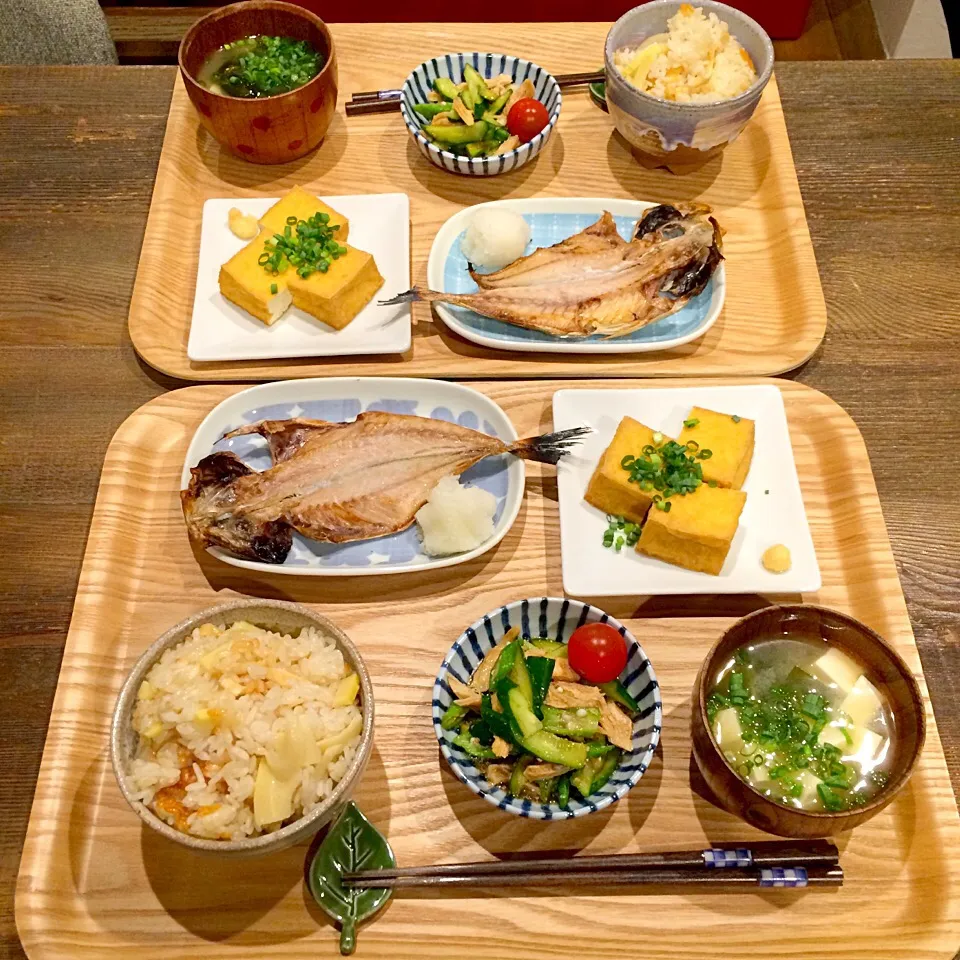 Snapdishの料理写真:たけのこ御飯、アジの開き、オクラササミきゅうりのごま和え、厚揚げ|Nao Yamadaさん