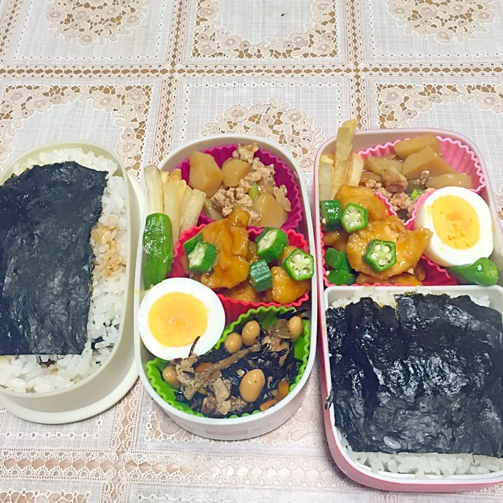 とりの南蛮揚げ弁当 のり弁、ジャガイモの煮物、ポテト、ひじき煮、ゆで卵|Sawaさん