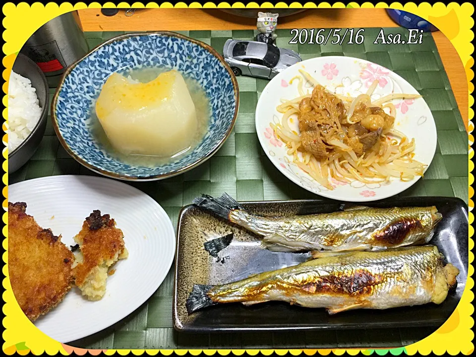 💁🏻晩ご飯🍚
💫胡瓜魚素焼き
💫ミートコロッケ
💫風呂吹き大根
💫牛カルビ焼き|Asa Eiさん