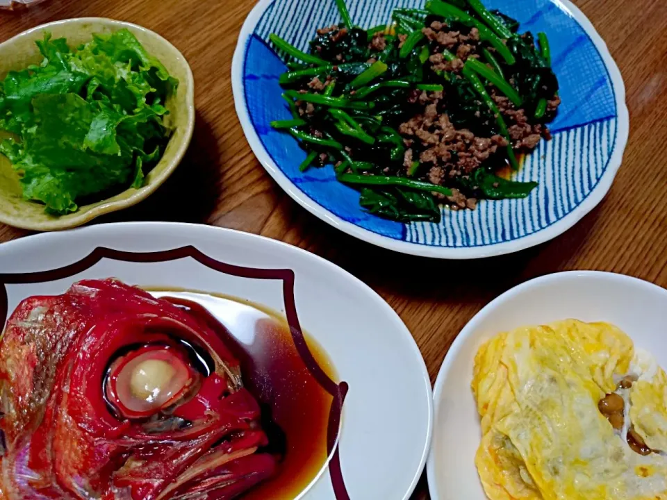 ・金目鯛のアラ煮
・ほうれん草と荒挽き肉の炒めもの
・納豆オムレツ
・サラダ|ようかんさん