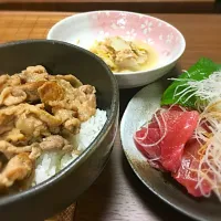 Snapdishの料理写真:生姜焼き丼とツナと白菜の和え物と鮪|こたろさん