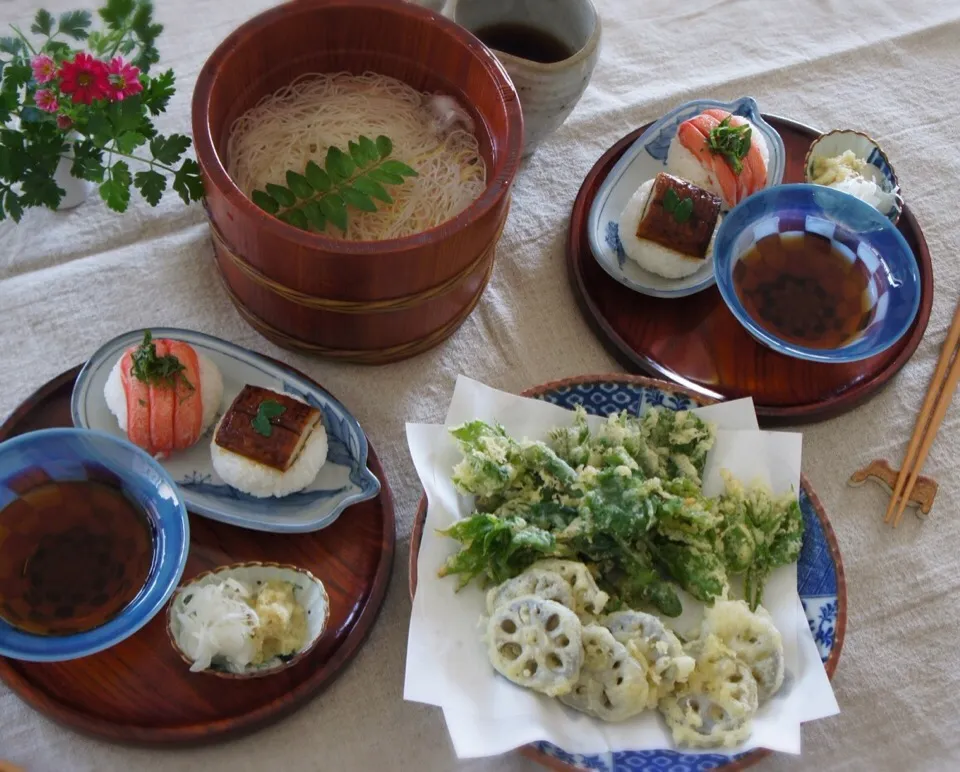 山独活の葉と蓮根の天ぷらで今年初めての素麺|pigronaさん