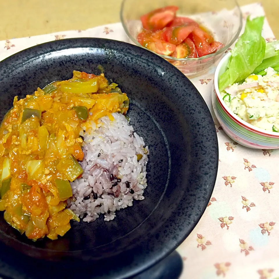 Snapdishの料理写真:キャベツキーマカレー
おからサラダ
トマトの胡麻和え|しまさん