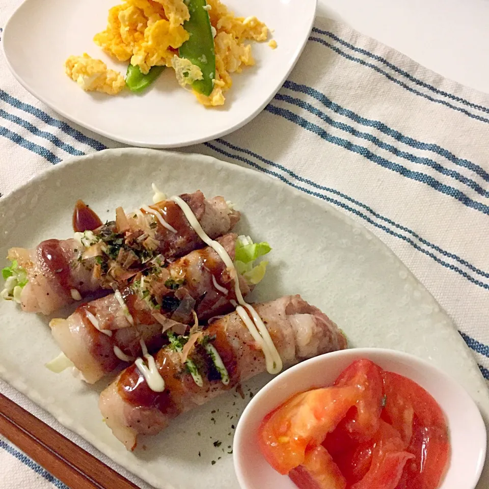 お好み焼き風肉巻き・きぬさやの卵炒め・トマトの中華和え|Accaさん