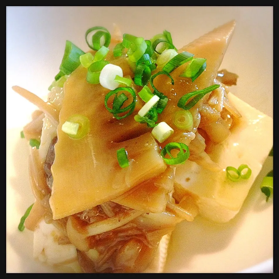 冷や奴にキノコソースをのせてみました。Chilled tofu, topped with the mushroom sauce|toyamadaさん