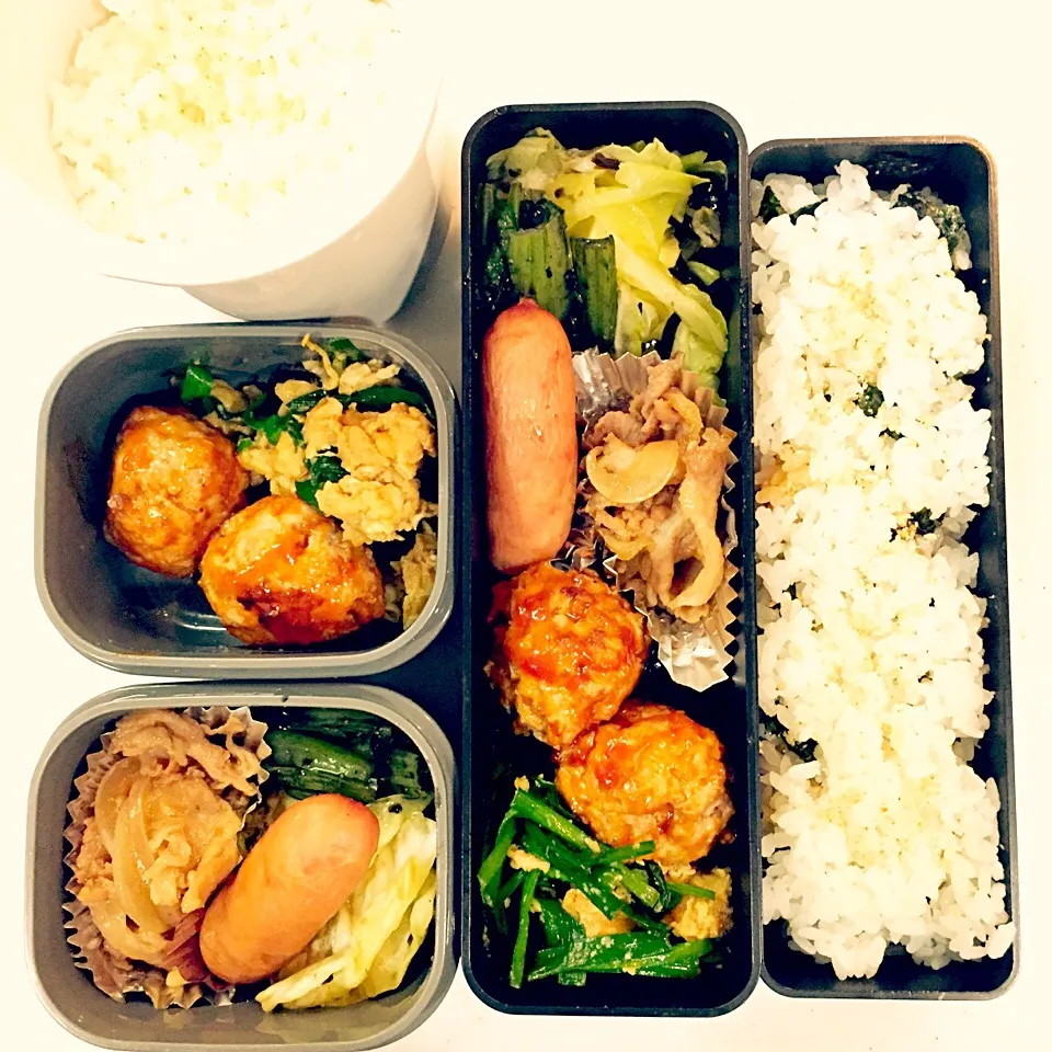 Snapdishの料理写真:お弁当5/19 肉団子、ニラ玉、生姜焼き、キャベツの塩昆布和え、ウィンナー|きささん