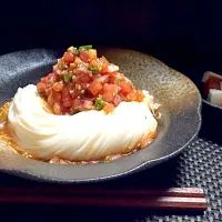 あいの料理 さっぱりトマトダレがけで、サラダ素麺