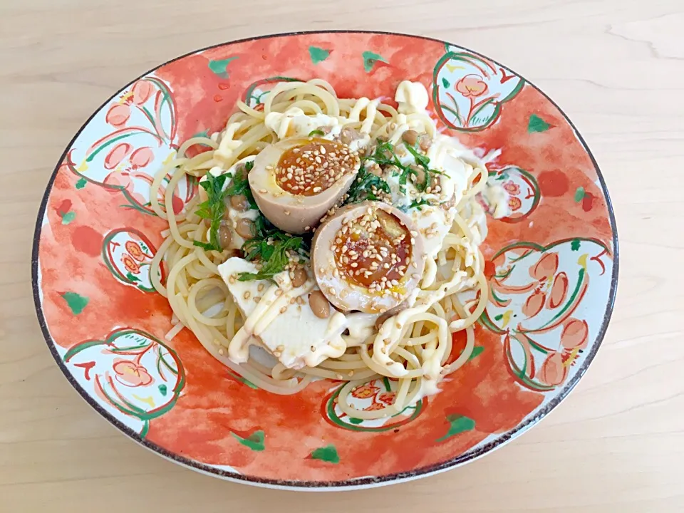 豆腐納豆和風パスタ|ネコのポーさん