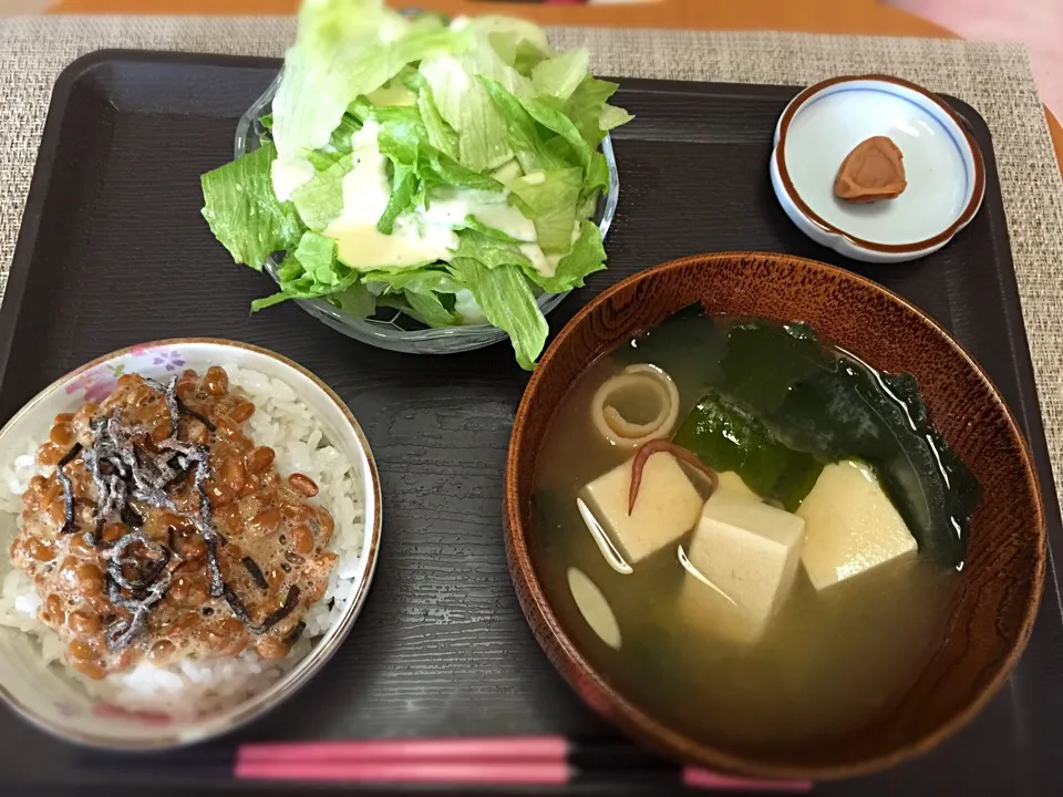 高野豆腐のお味噌汁と塩昆布納豆ごはん。シーザーサラダとはちみつ梅。|いず⋈ + ゜さん