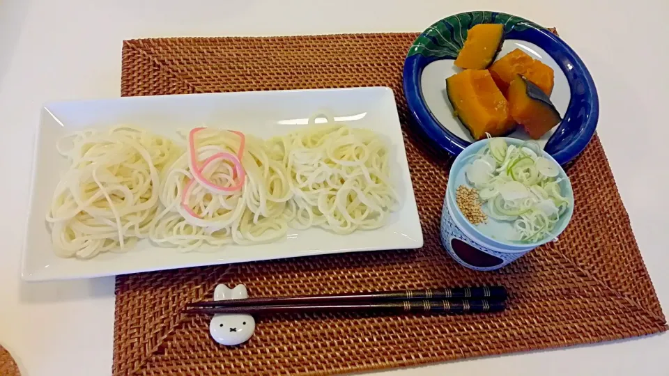 今日の夕食　冷や麦、かぼちゃの塩麹煮|pinknari🐰🌈さん