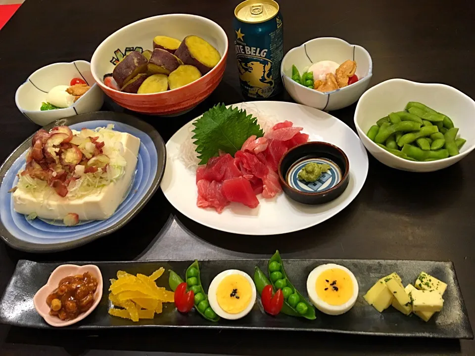 陶芸家荒井芳一先生の長皿に盛った突き出し、お豆腐の皿は私の作品🤗|しもっち"もたれつさん