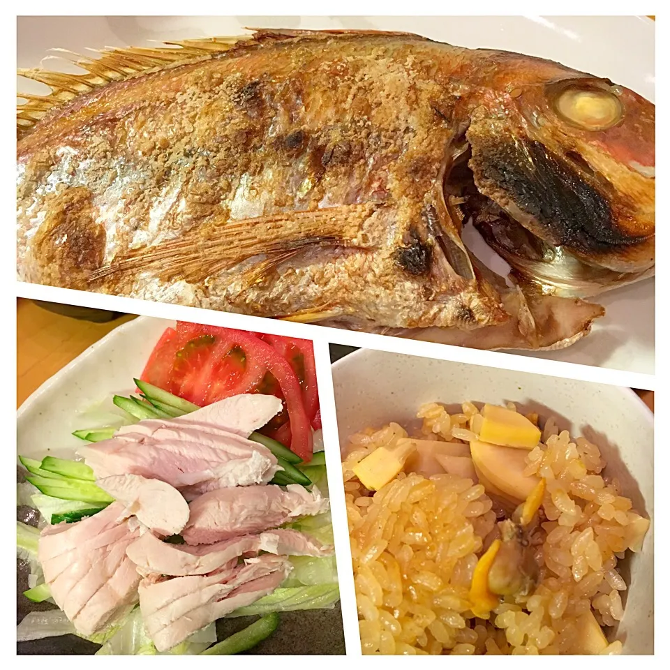 Snapdishの料理写真:鯛、バンバンジー、筍とあさりの炊き込みご飯^o^|美也子さん