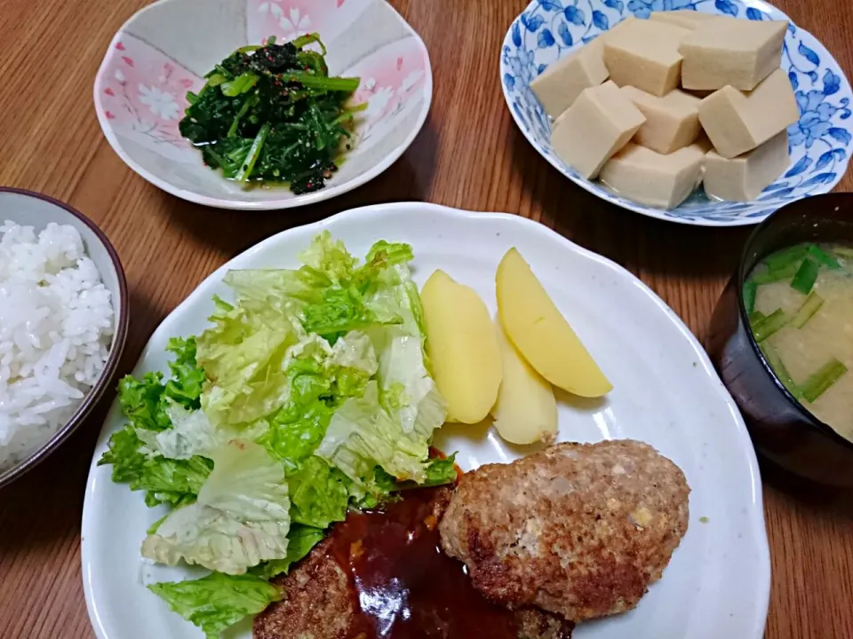 ・豆腐ハンバーグ
・サラダ
・高野豆腐の炊きもの
・ほうれん草の海苔のお浸し
・葱とニラの味噌汁|ようかんさん