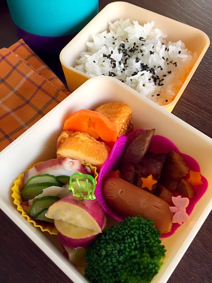 Snapdishの料理写真:小1お弁当 ☆煮豚・金時の甘露煮|nkさん