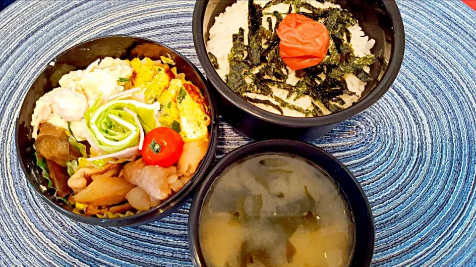 お弁当。生姜焼きとポテトサラダとナスの煮浸しと葱卵焼きとハムレタスチーズとお味噌汁。|エリカさん