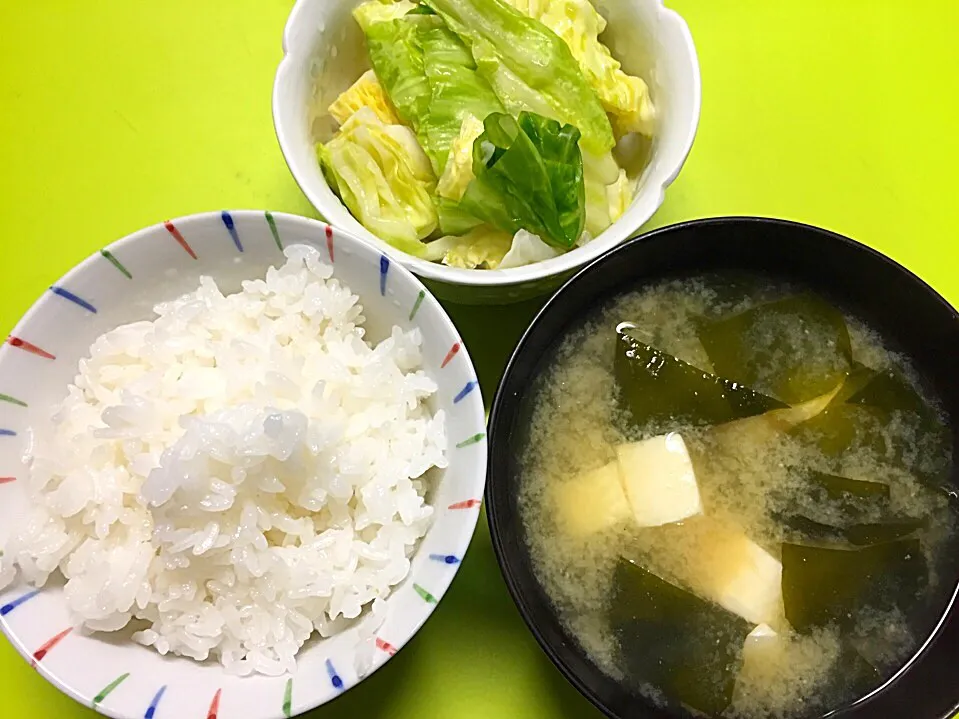 ご飯 わかめと豆腐のお味噌汁 キャベツの浅漬け|ゆきさん