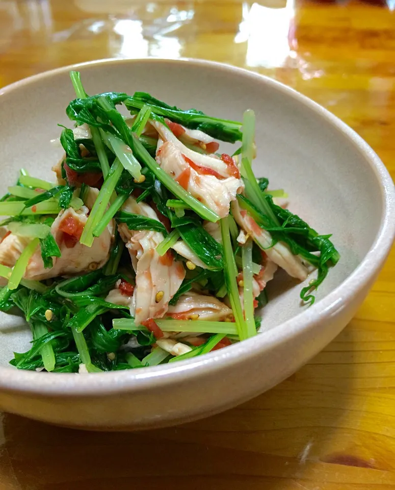 🐔ささ身と🌿水菜の梅肉和えにゴマぱらぱら〜♪|keikoさん